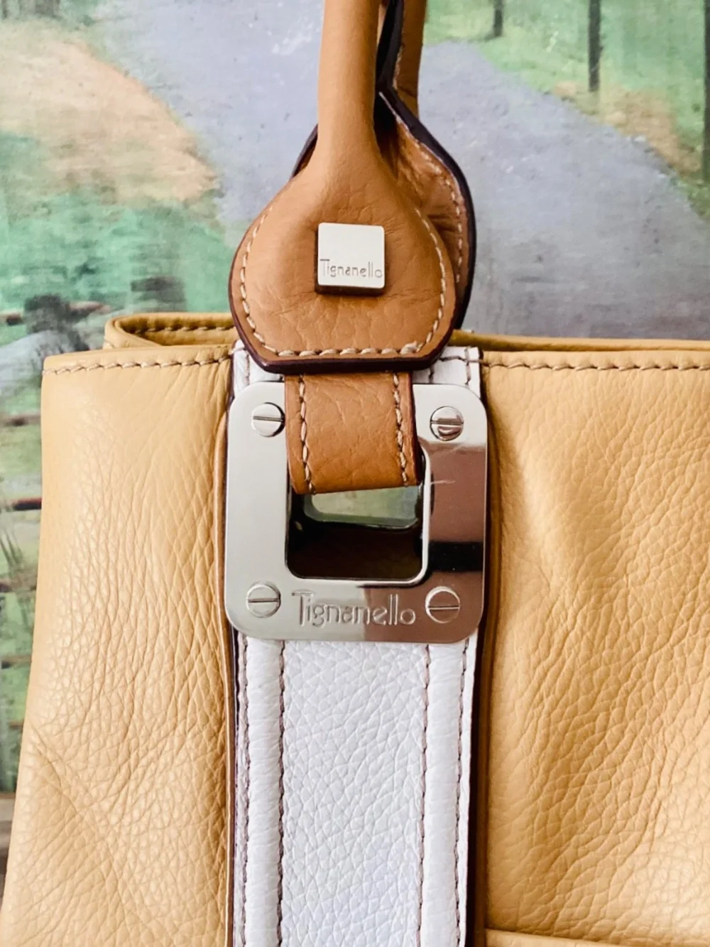 Tignanello Leather Yellow White Large Shoulder Purse Handbag Hobo Tote Summer